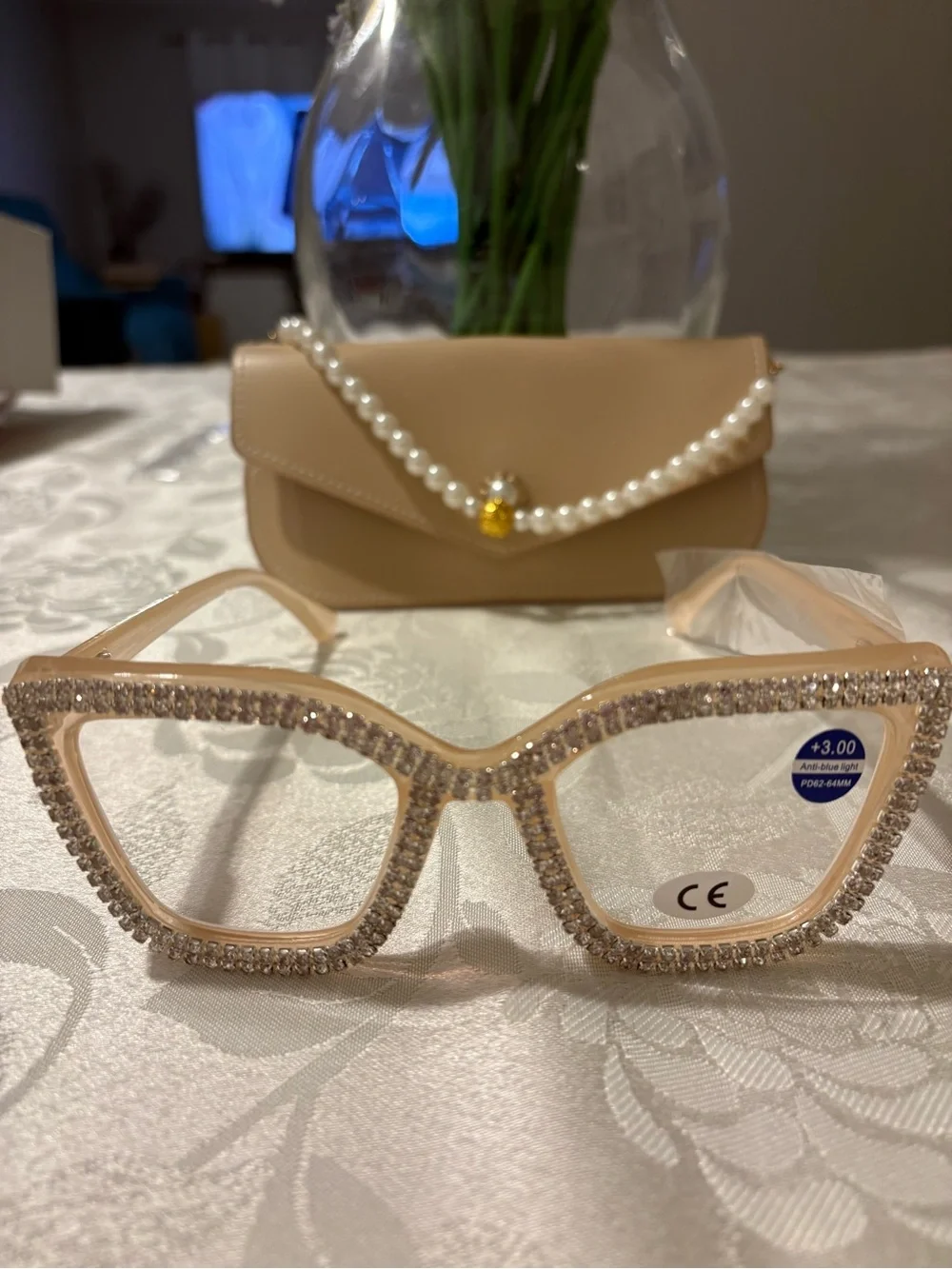 Diamond studded Glasses +3.00 Case & Neck Hanger “anti-Blue Light New